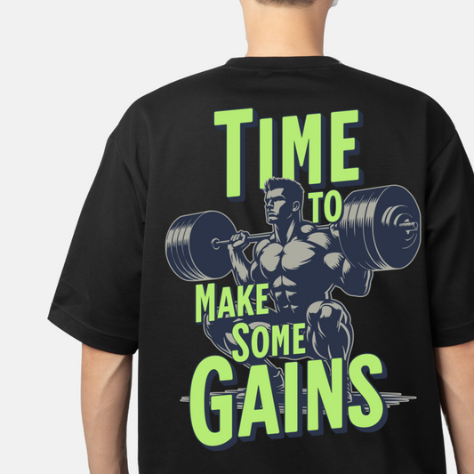 "Strength in Every Rep: Gains Oversized Graphic Tee"